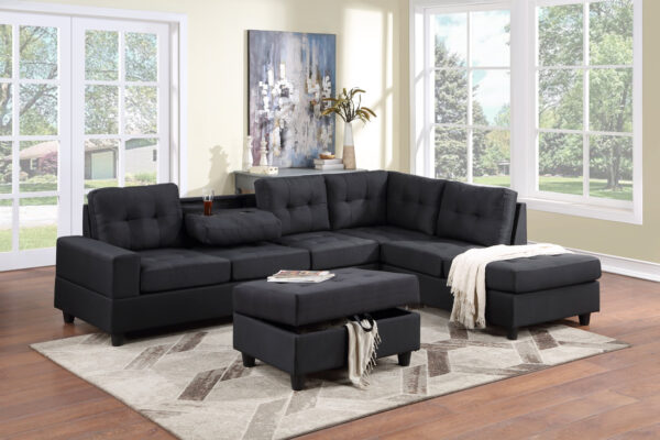 Sectional, Black Sectional With Ottoman.